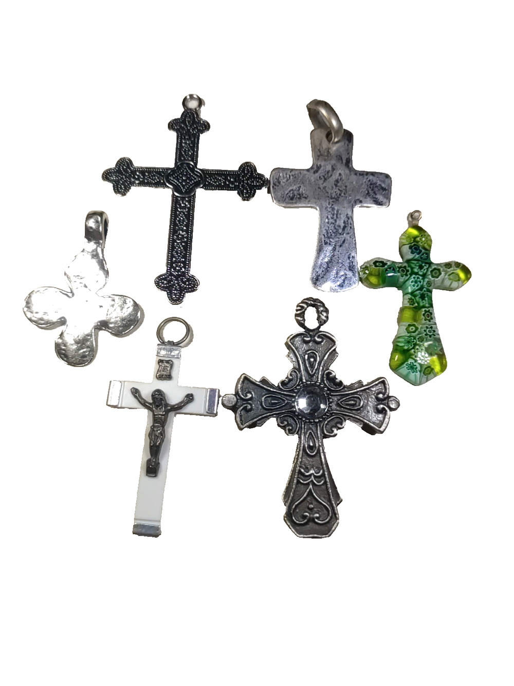Lot Of 6 Pendant Cross Silver Tone Acrylic Crucifixion